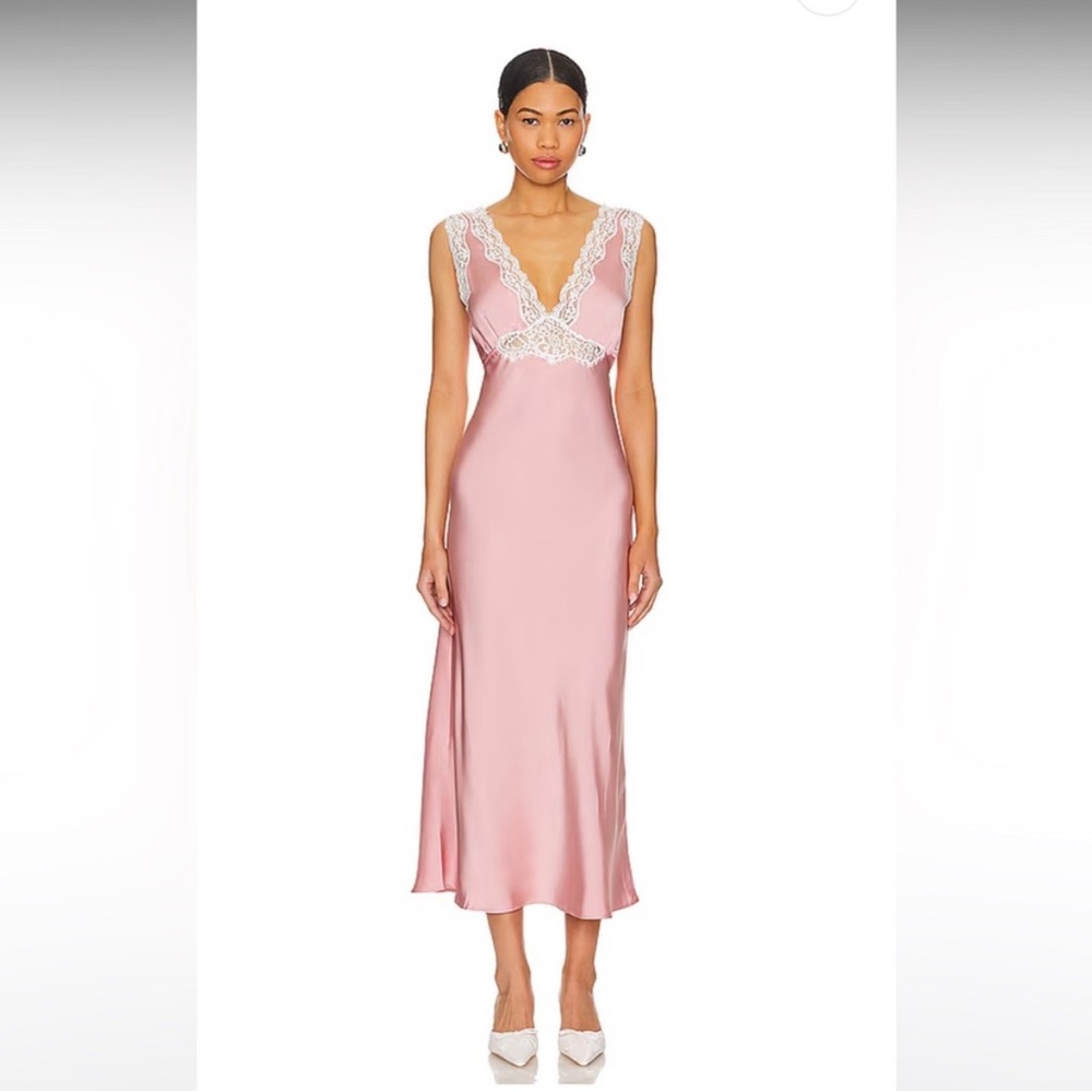 Lovers + Friends Jordan Midi Blush Satin Dress with White Lace